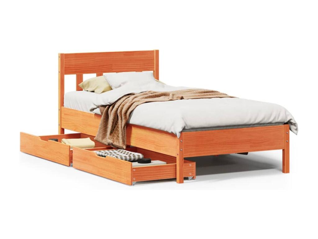Bed frame without mattress, brown wax finish, 90x190 cm, solid pine wood, HISE73255