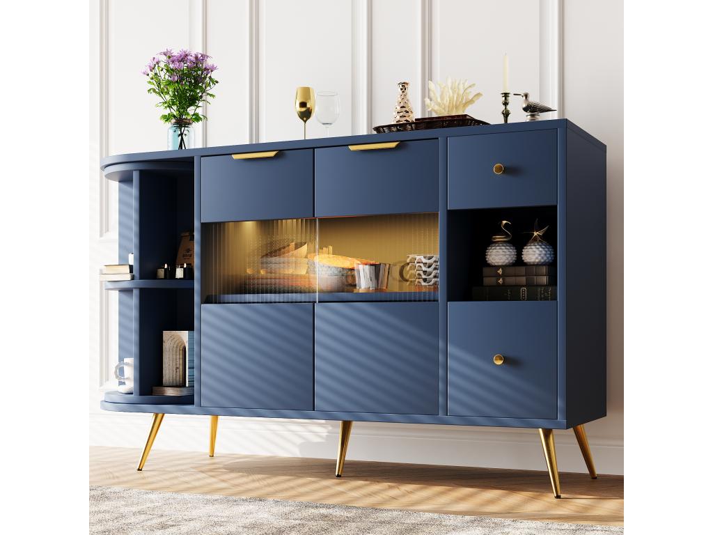 Navy blue sideboard with 2 hinged glass doors, LED lighting, gold handles and feet, LED BLUE JALU06405