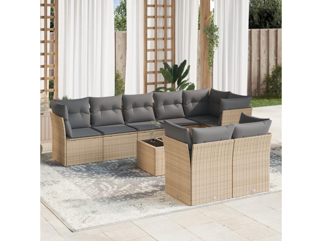 9-piece garden furniture set with cushions, beige woven resin VGFP04109