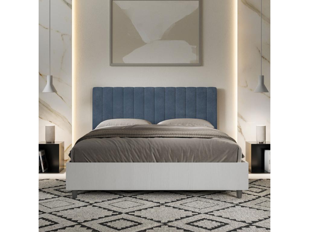 Elariva XSCV07597 160x190 White Ash Double Bed with Blue Microfiber Headboard