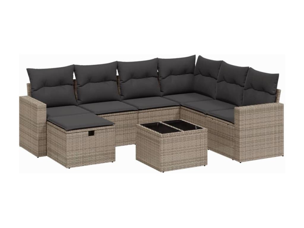8-piece garden furniture set with grey resin wicker cushions ZOEN02267