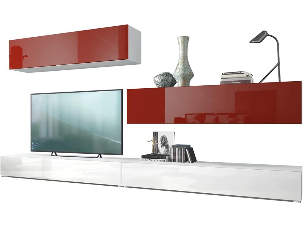Wall unit with matte white body/high-gloss white and high-gloss burgundy fronts, 147x280x39 cm, KMCT43812