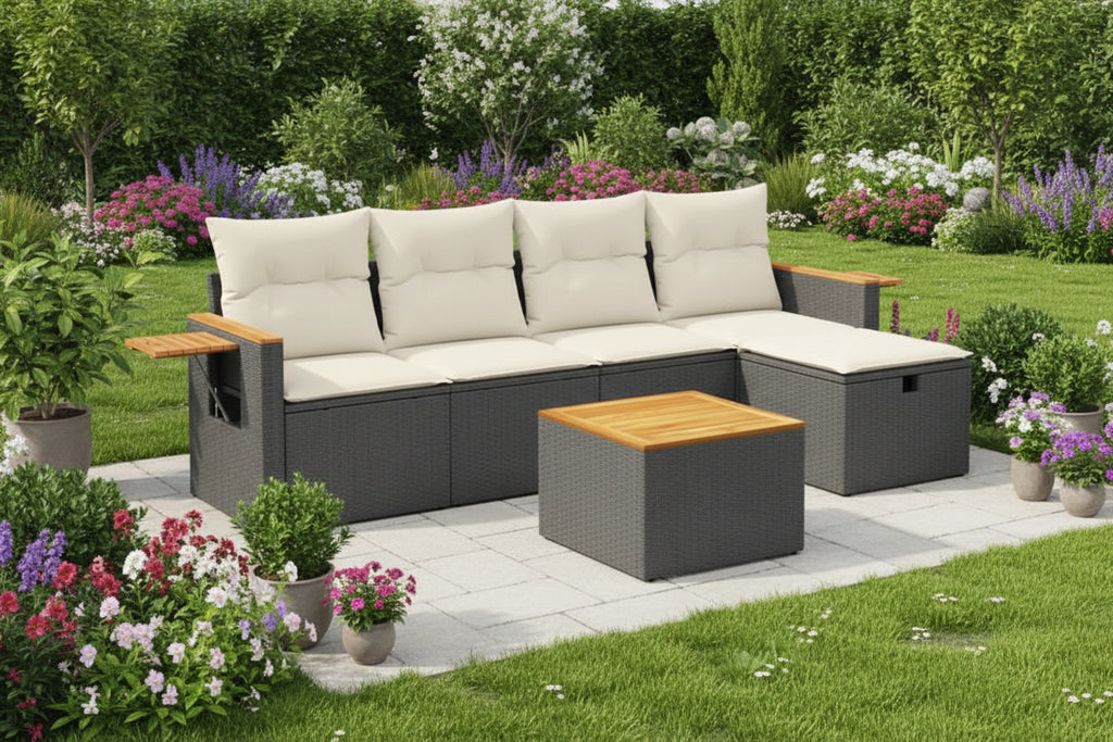 6-piece garden furniture set with cushions, black woven resin LRLJ77980
