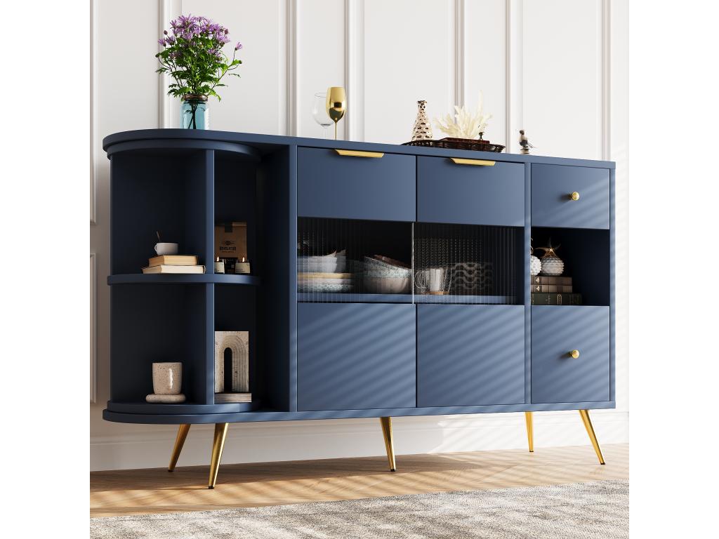 Navy blue sideboard with 2 hinged glass doors, LED lighting, gold handles and feet, LED BLUE JALU06405