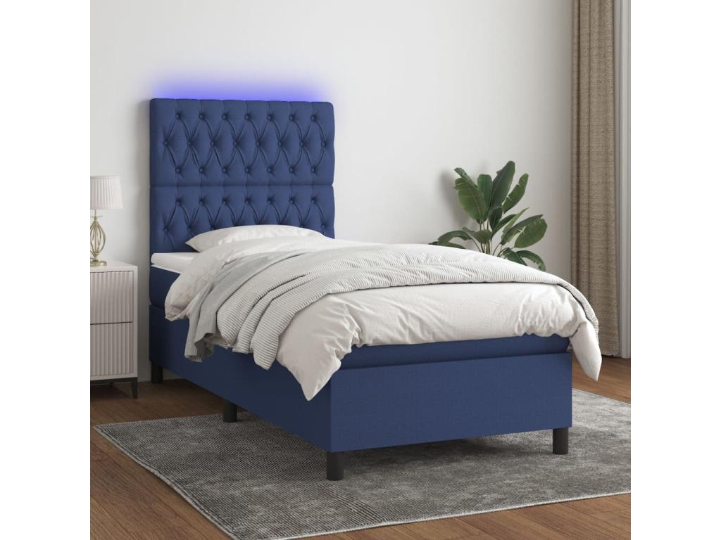 Upholstered bed base with mattress and LED light, blue, 90x190 cm, fabric WTGN58423