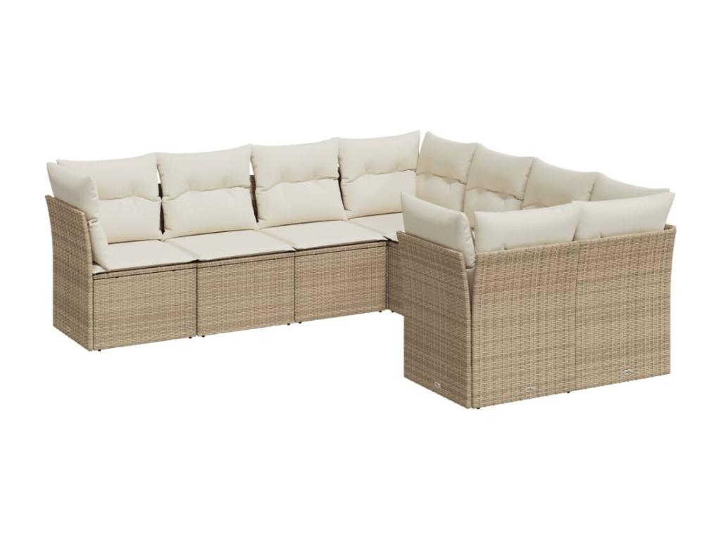 8-piece garden furniture set with cushions, beige woven resin, PGEH94774