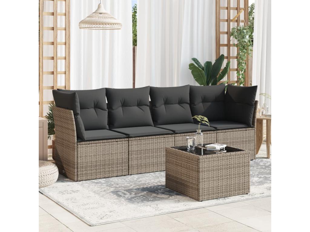 5-piece garden furniture set with grey resin wicker cushions KNCG02478