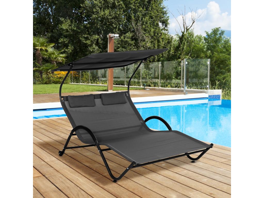 2-seater sun lounger, contemporary design garden bed, adjustable canopy, steel headrests, epoxy polyester, grey YTYP36735