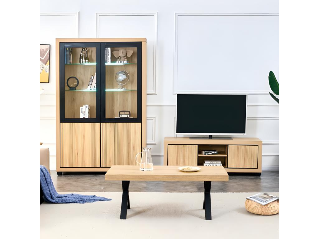 Nice Lysvia Oak and Black TV Stand with 2 Doors and 2 Shelves DVOP94103