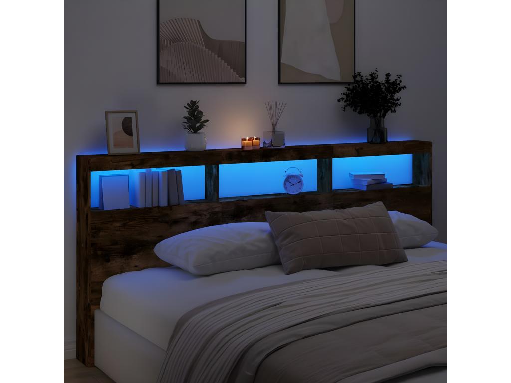 Headboard wardrobe with LED lighting, smoked oak, 220x17x102 cm, SVBR67981