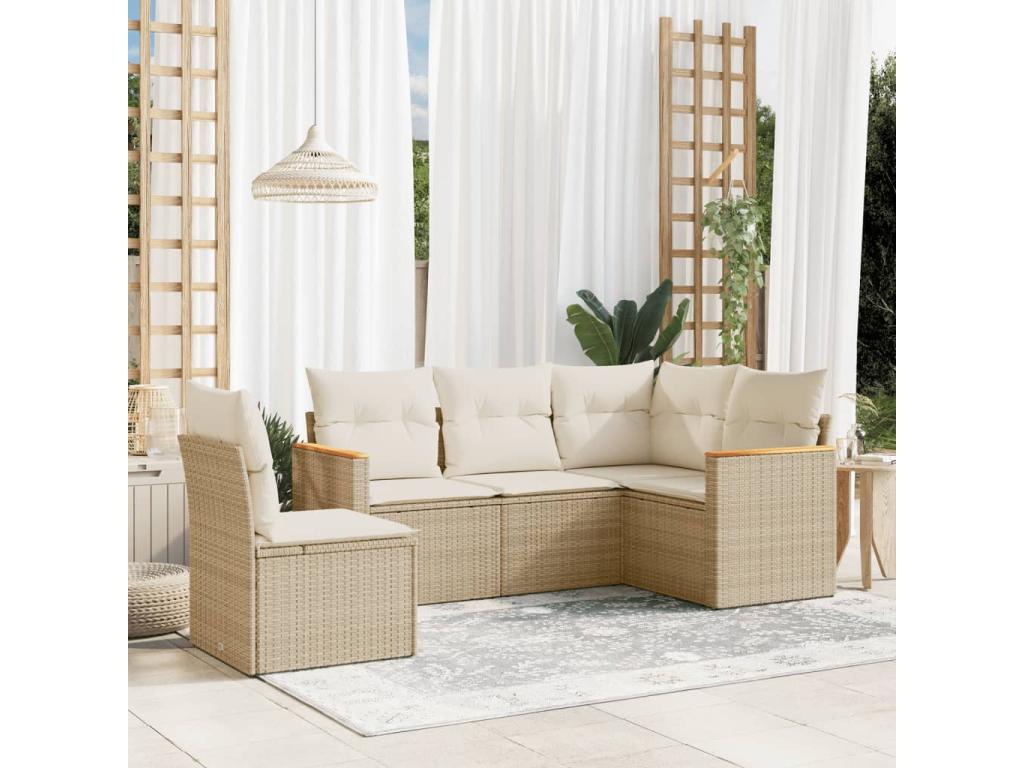 5-piece garden furniture set with cushions, beige woven resin XYFR72498