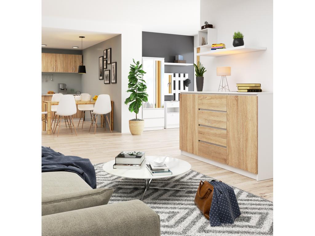 Large Chest of Drawers for Living Room K160 White 160 cm 2 Doors 4 Drawers Oak Front 4 Shelves 160x40x99 cm XYPB40608