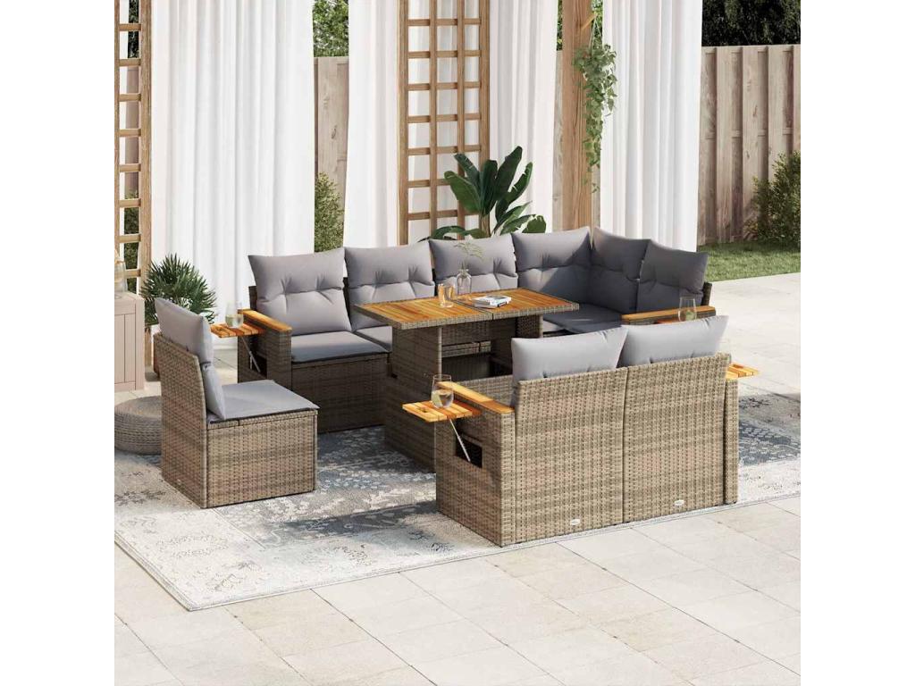9-piece garden furniture set with cushions, beige woven resin, Lysvia ABSJ17780