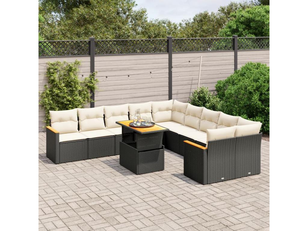 11-piece garden furniture set with cushions, black woven resin DBUP98240