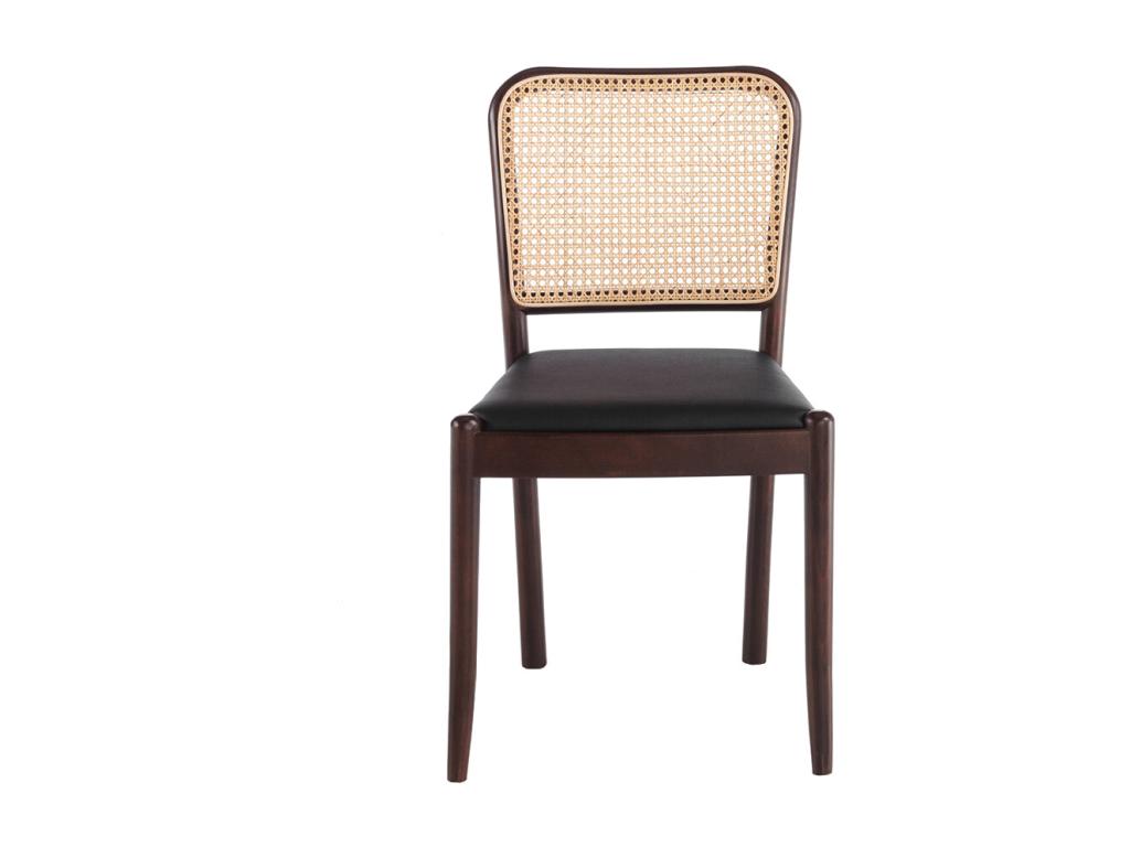 Lysvia rattan chair in black faux leather and ash wood - Set of 2 - Color: Lysvia 90 Black AUJU00089