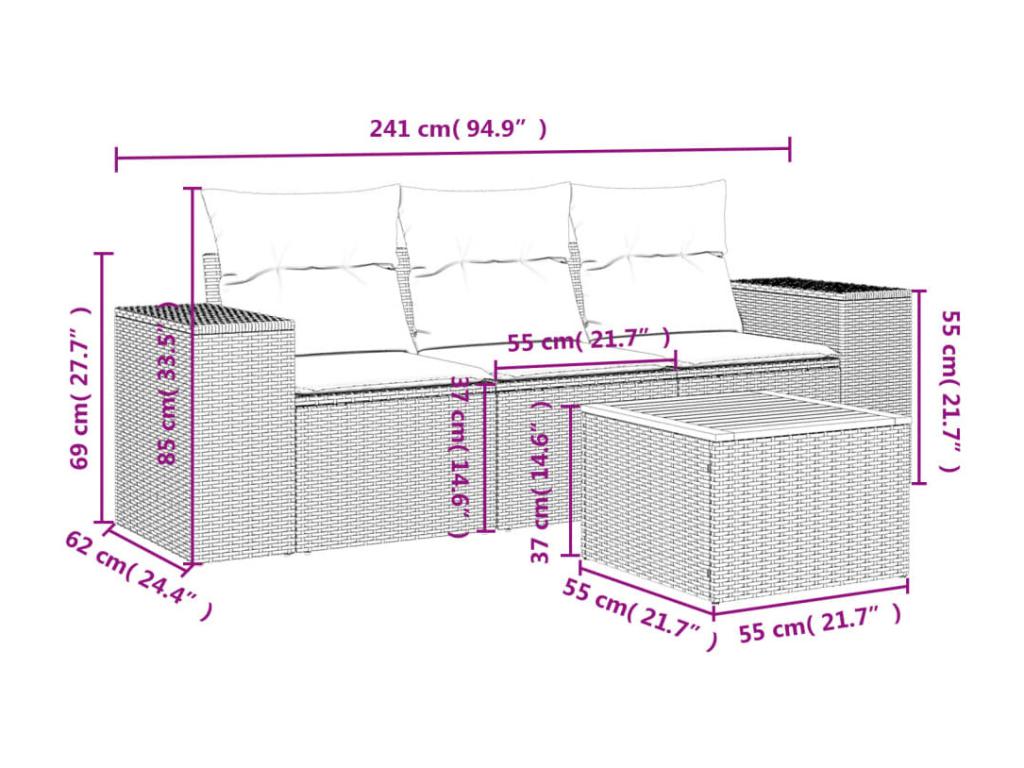 4-piece garden furniture set with grey resin wicker cushions PHTL73536