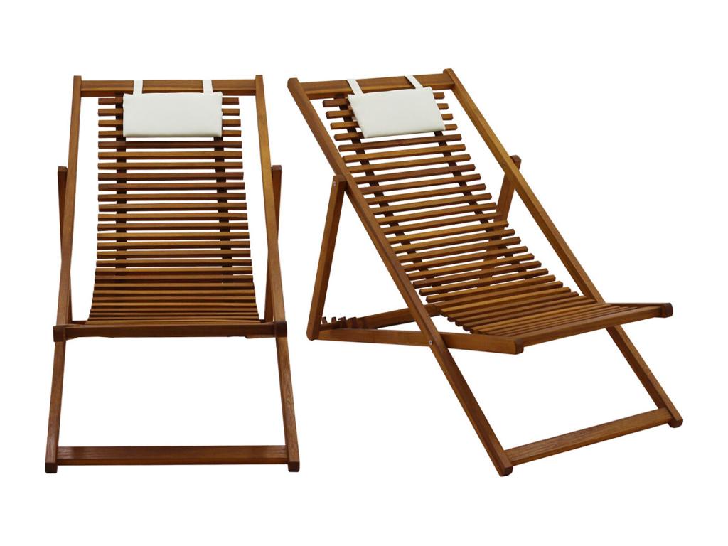 Set of 2 solid wood deck chairs with white fabric cushions, Lysvia RUSI54661