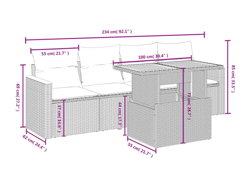 5-piece garden furniture set with cushions, black woven resin BEXX49756