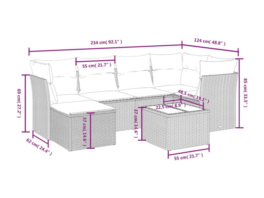 Garden furniture set with cushions, 7 pieces, grey woven resin, SWRT96087