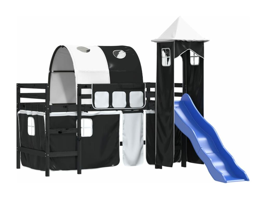 Children's loft bed and tower, white/black, 90x200 cm, solid pine, UESV31319