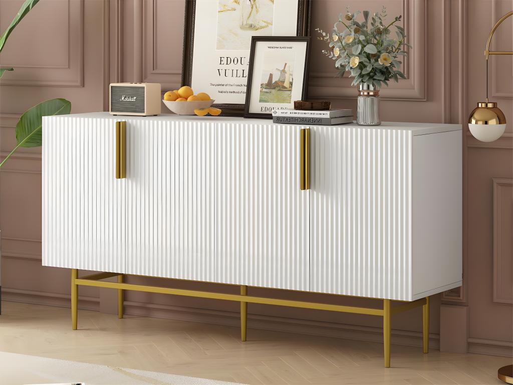 Modern and elegant sideboard - 4 doors with gold metal handles - White Lacquered FNML60014