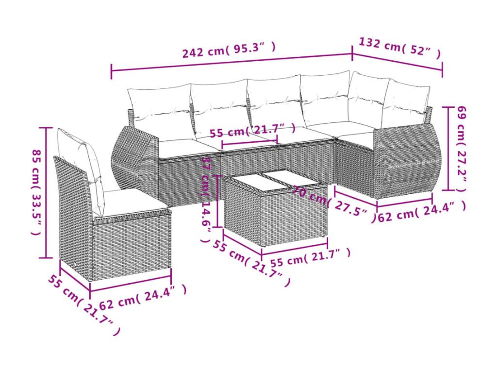 Garden furniture set with cushions, 7 pieces, beige woven resin, SUEM18442