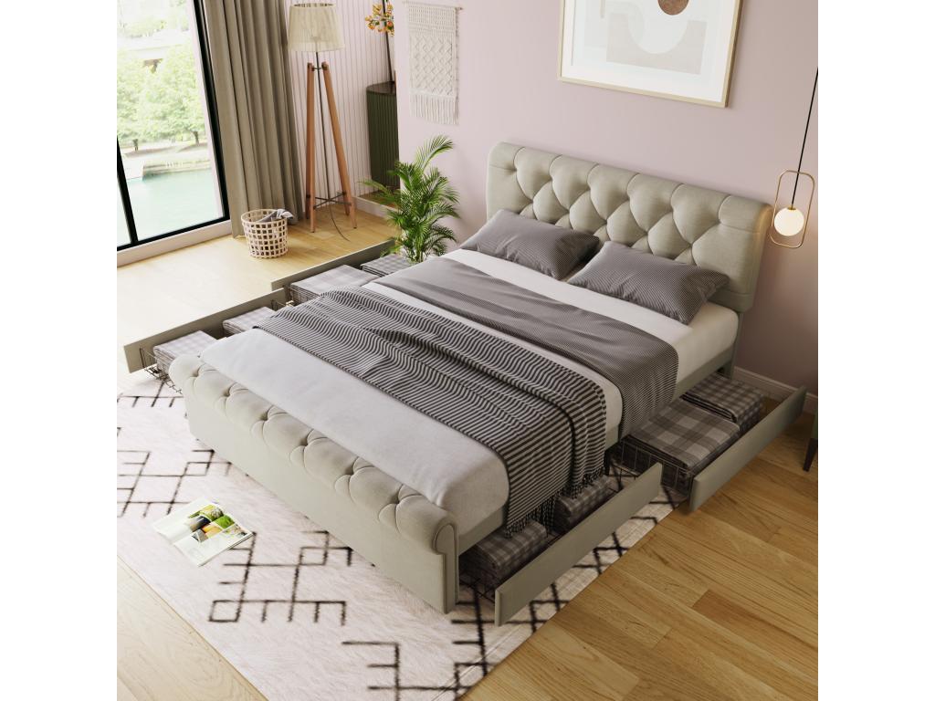 Bed frame, upholstered bed, height-adjustable headboard, Lysvia Natural functional bed 140x200cm with 4 drawers (mattress not included) PVQT36717