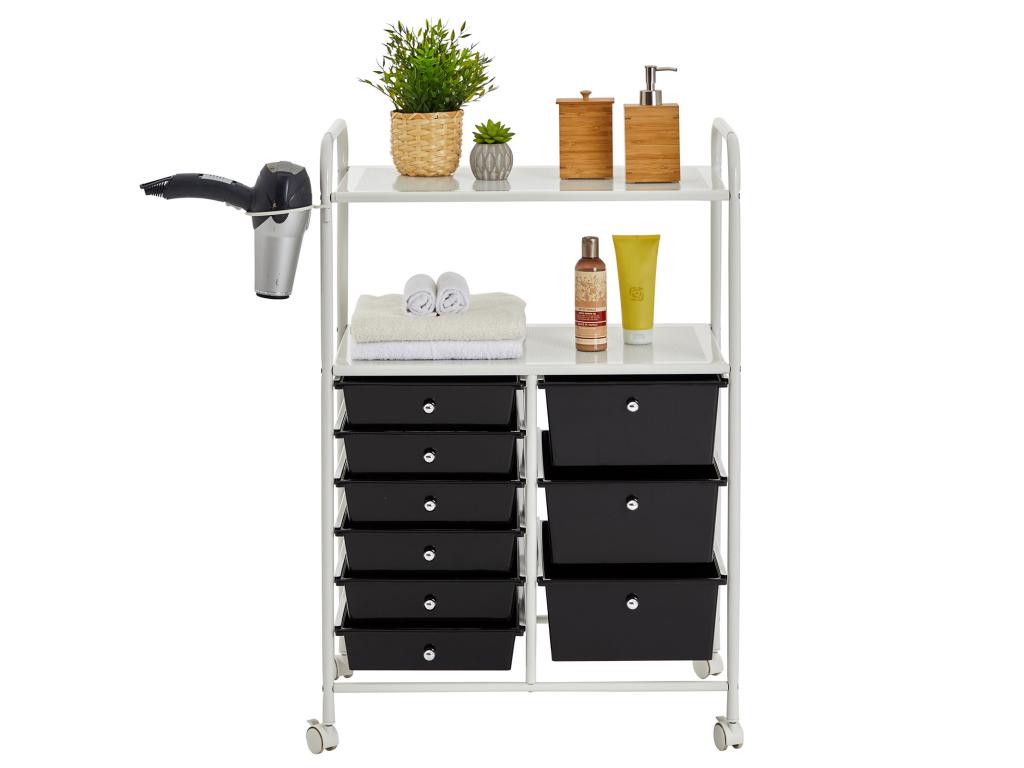 Lysvia trolley-mounted cabinet with 9 black plastic drawers and 2 white metal bathroom storage shelves JSRL64001