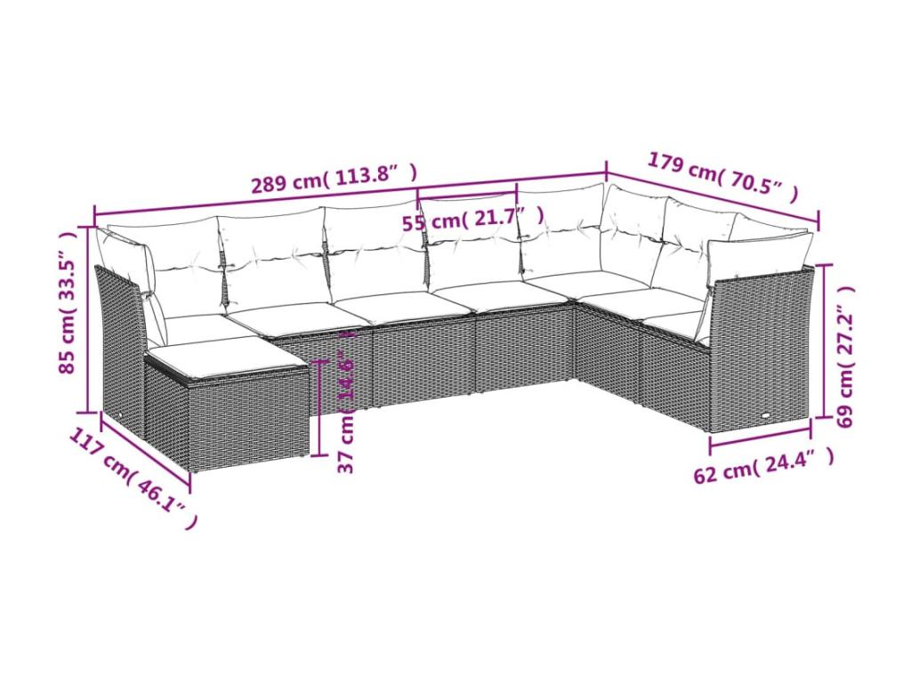 8-piece garden furniture set with brown resin wicker cushions BVMS32719