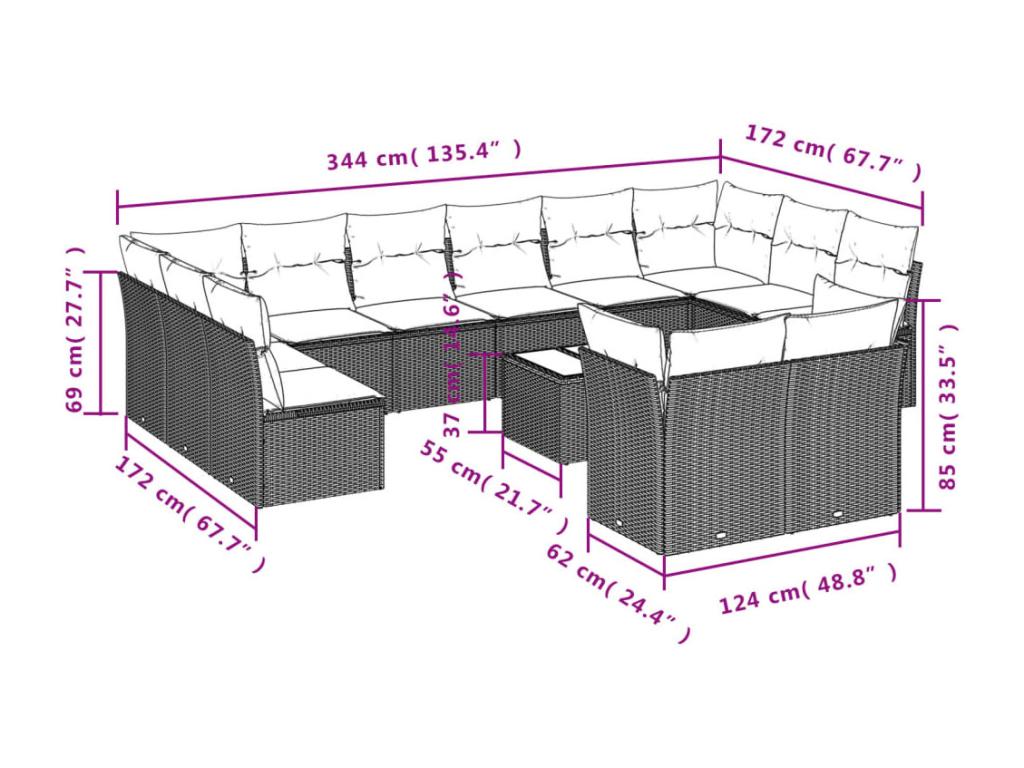 Garden furniture set with cushions, 13 pieces, brown woven resin, WYEZ16526