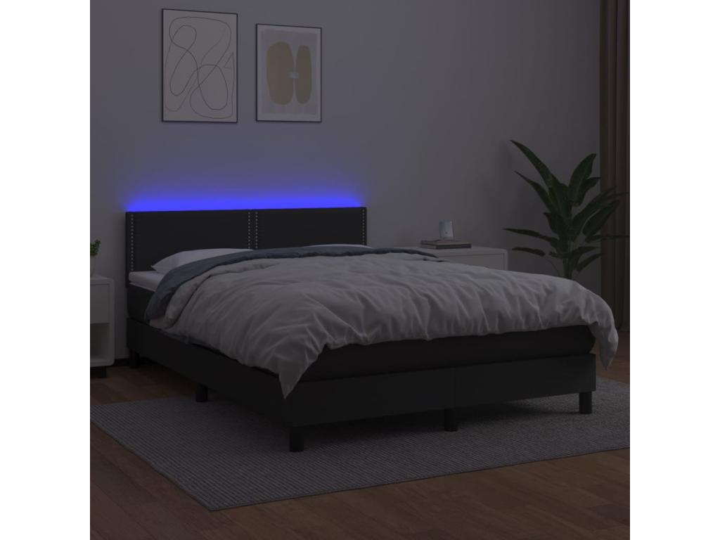 Upholstered bed base with mattress and LED lighting, black, 140x200cm, faux leather, YPVF29228