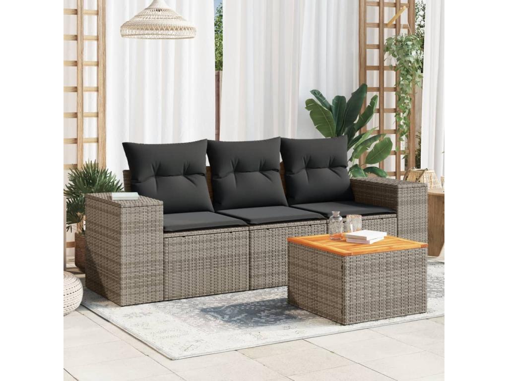 4-piece garden furniture set with grey resin wicker cushions PHTL73536