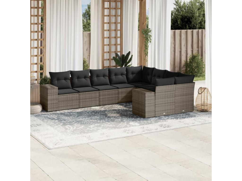 9-piece garden furniture set with grey resin wicker cushions VOQZ84409