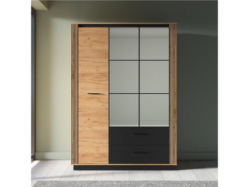Lysvia 3-Door 2-Drawer Wardrobe, Wood and Black WHGK61650