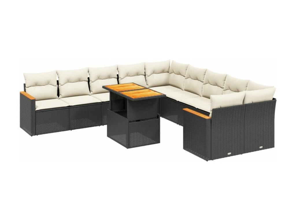 11-piece garden furniture set with cushions, black woven resin DBUP98240