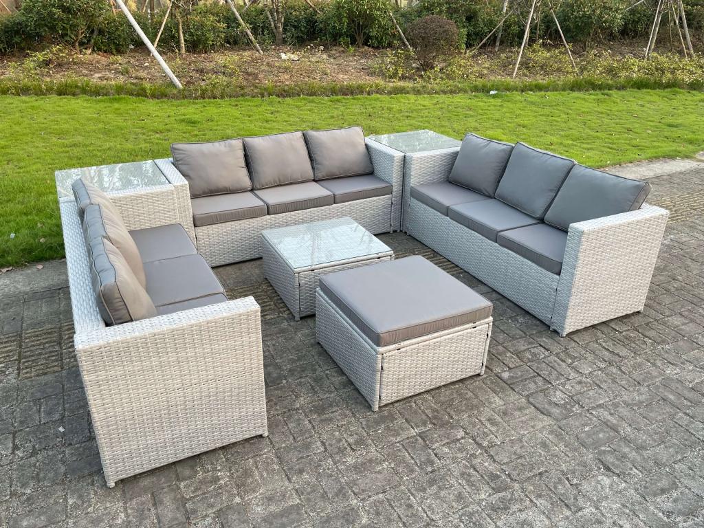 Rattan Garden Furniture with Sofa, Square Coffee Table, Stools, 2 Side Tables, Light Grey VSXK18452