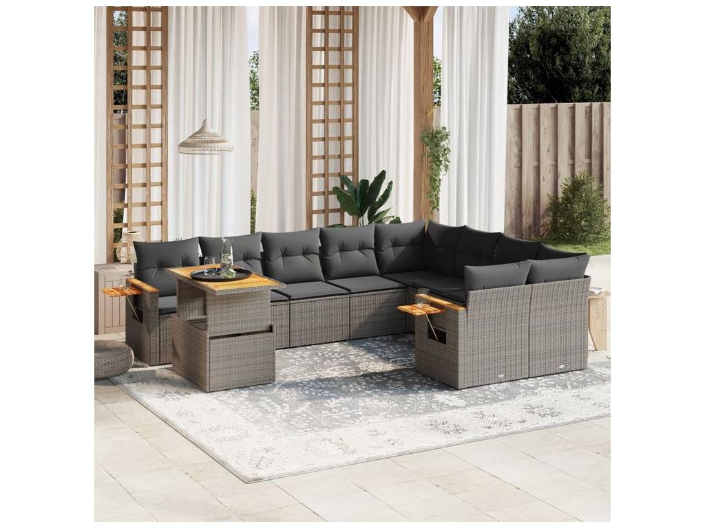 Garden furniture set with cushions, 10 pieces, grey woven resin FUXL37007