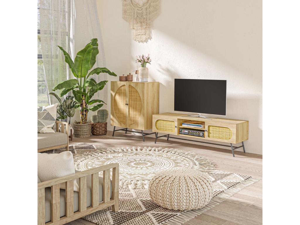 Two-door rattan cane sideboard with shelf, black metal legs with light oak effect JDGH79683