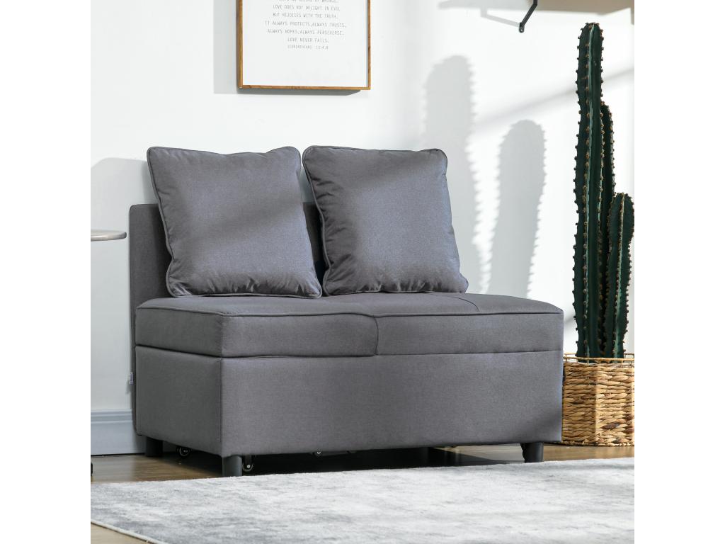Sofa bed, convertible sofa with reclining backrest, 2 cushions included, tufted-effect seat, grey fabric KQGE23913