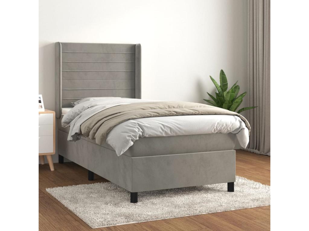 Upholstered bed base and mattress, light grey, 90x190 cm, velvet, LZAM43123