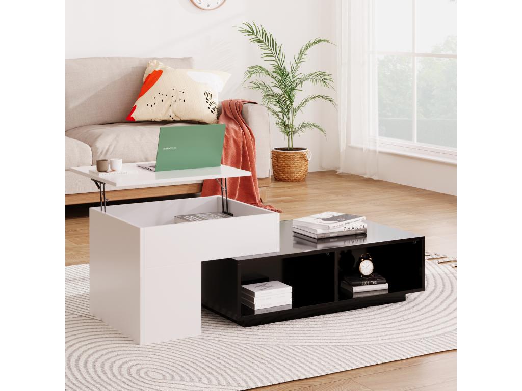 Combined coffee table with lift-top and compartments - Particleboard - Black and white BTQJ86330