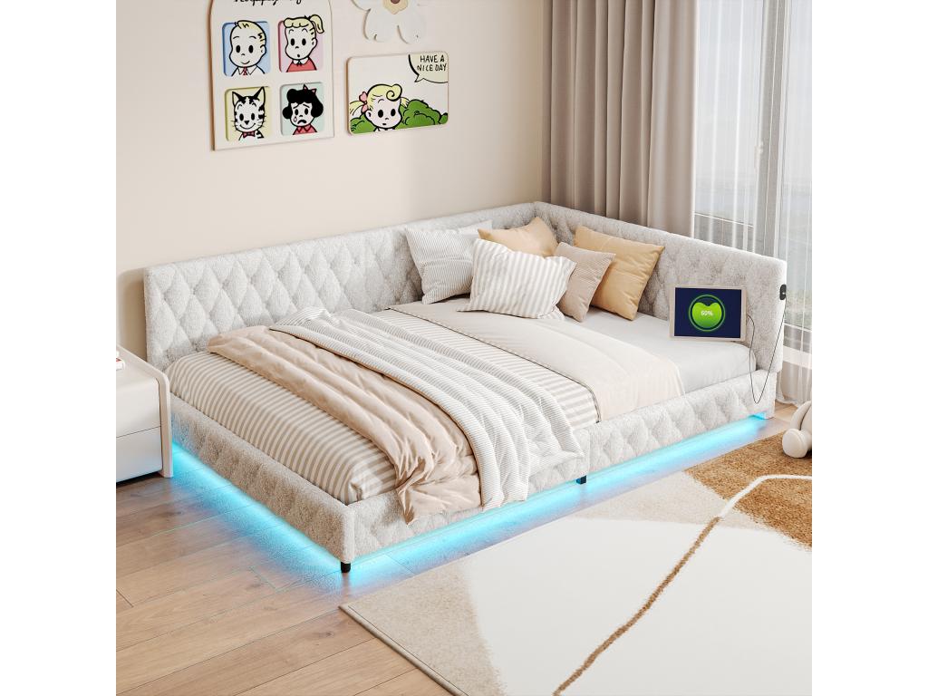 Multifunctional upholstered bed 140x200 cm – Sofa bed with LED lighting and USB port, ideal for guest rooms - Beige WZJE46012