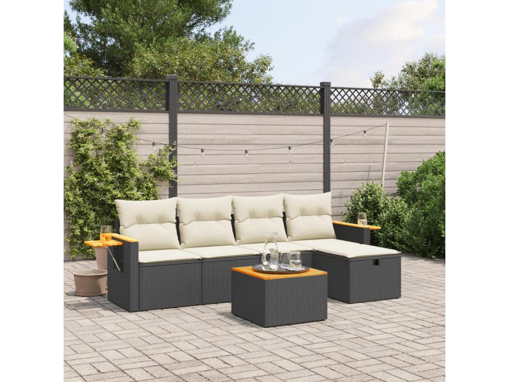 6-piece garden furniture set with cushions, black woven resin LRLJ77980