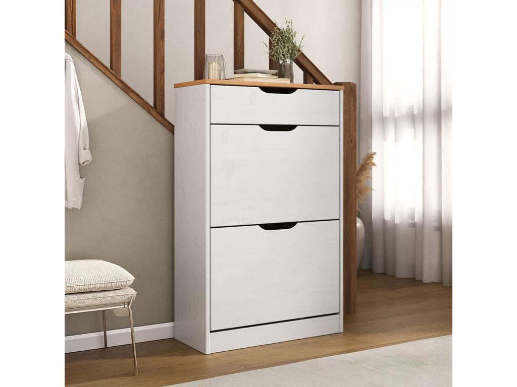 Shoe cabinet storage unit with 2 drop-down doors and 1 drawer in solid pine, white and brown stained finish CZDC48193
