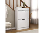 Shoe cabinet storage unit with 2 drop-down doors and 1 drawer in solid pine, white and brown stained finish CZDC48193