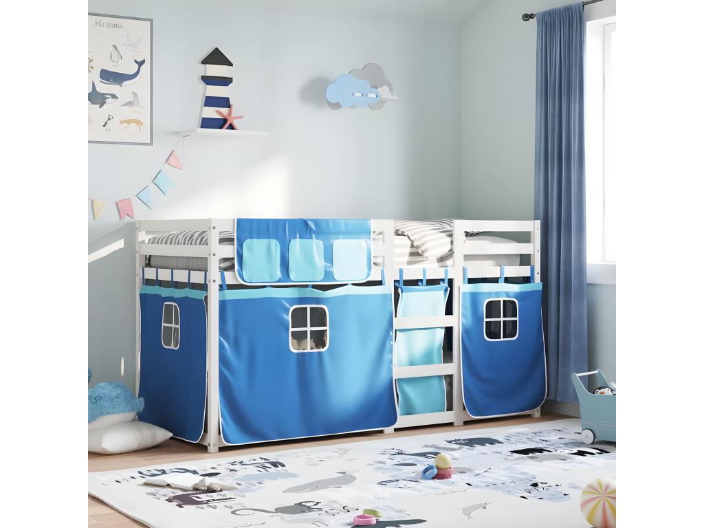 Bunk bed with blue curtains, 90x190 cm, solid pine wood, DMBT45016