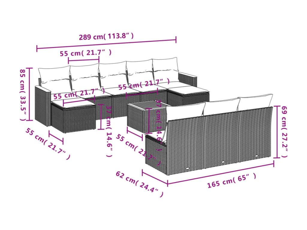 11-piece garden furniture set with cushions, black woven resin LYUW56200